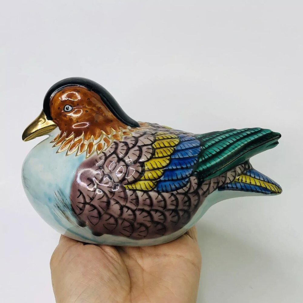 Vintage Bird Figurine Japanese Kutani Mandarin Duck Painted Gilded Signed Stamp - Picture 3 of 9
